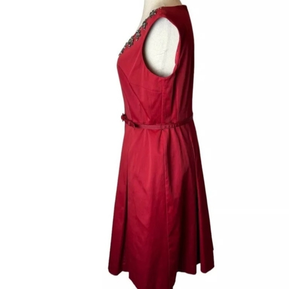 Talbots Dress Size 8 Red Satin Jeweled Neckline - Picture 4 of 8